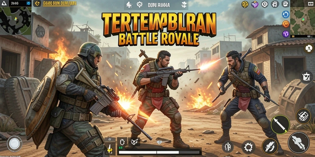 Screenshot gameplay menunjukkan pertempuran epik di arena Battle Royale.