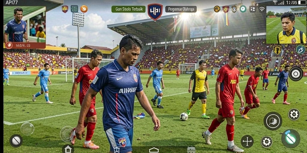 Screenshot utama menunjukkan gameplay seru dari API77 di lapangan sepak bola.