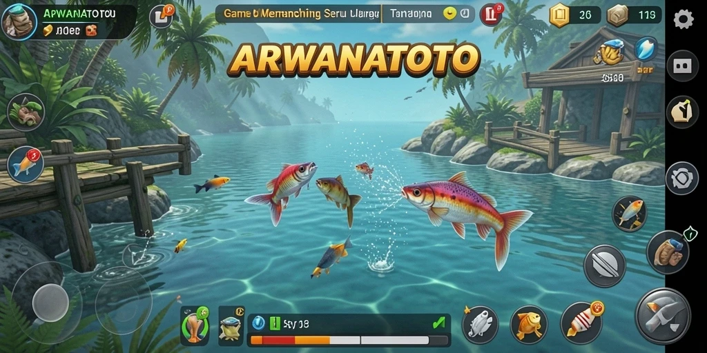 Gameplay ARWANATOTO dengan suasana memancing yang realistis.