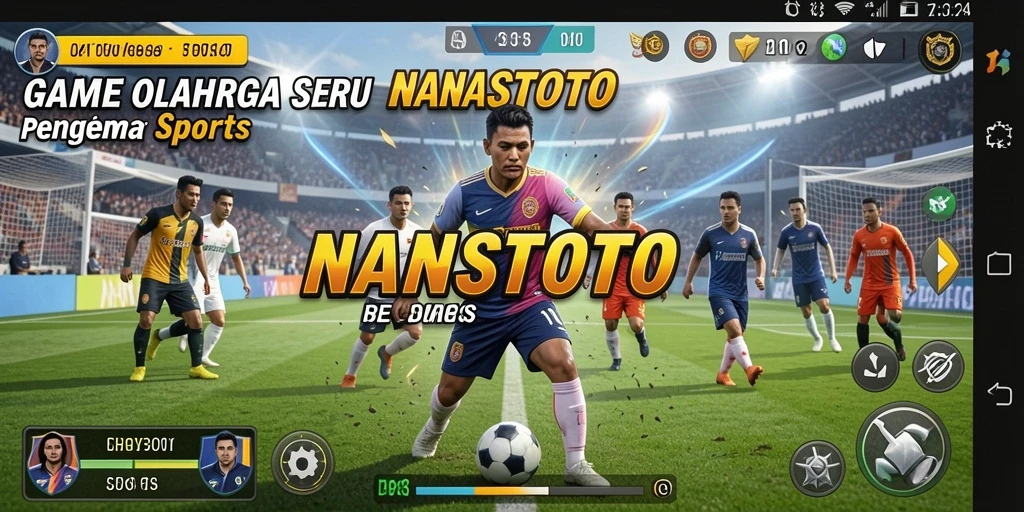Tampilan utama NANASTOTO menampilkan aksi seru dalam permainan olahraga.