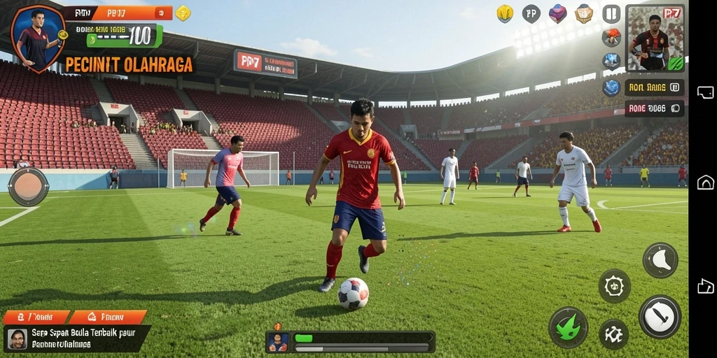 Tangkapan layar utama PP7 menampilkan aksi seru di lapangan sepak bola.