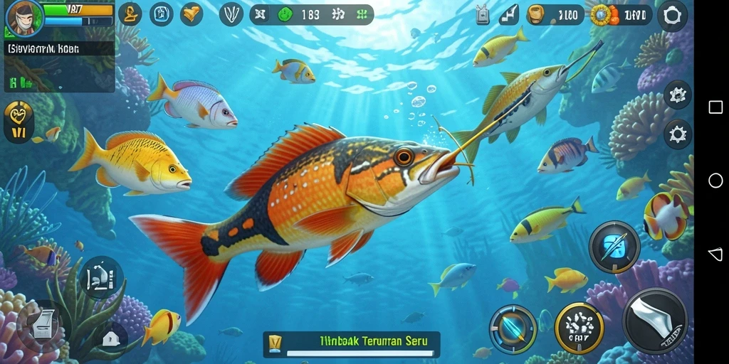 Screenshot V87 menampilkan aksi seru dalam berburu ikan.