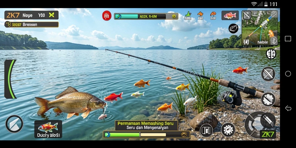 Tampilan gameplay ZK7 menampilkan aksi memancing yang seru dan realistis.
